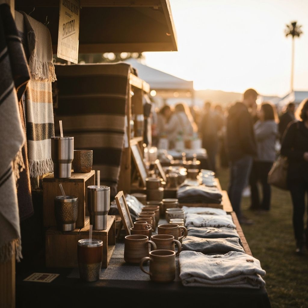 Graphink Fusion market booth setup with chalkboard menu and handmade products on display