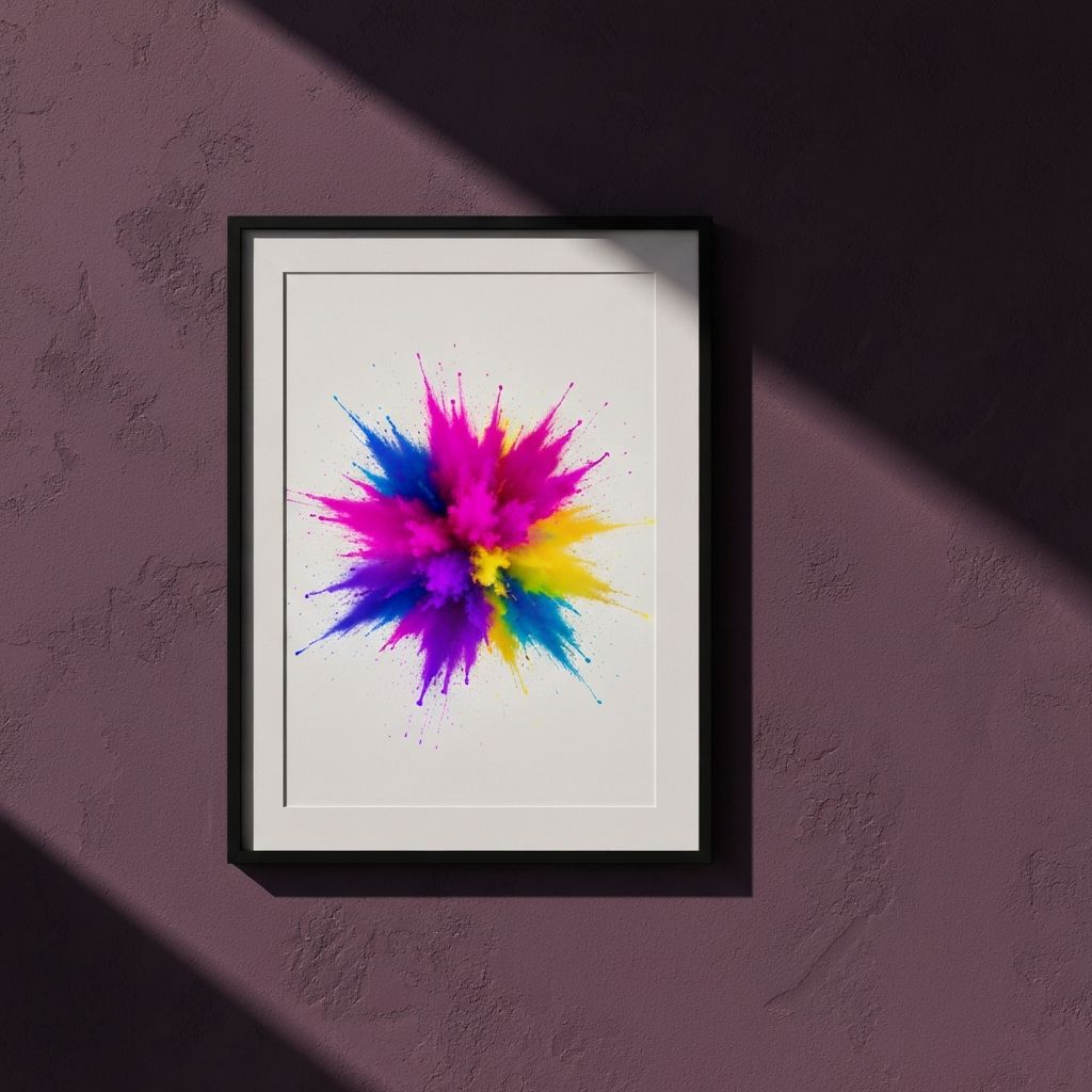 Framed abstract paint splash print on a deep plum wall