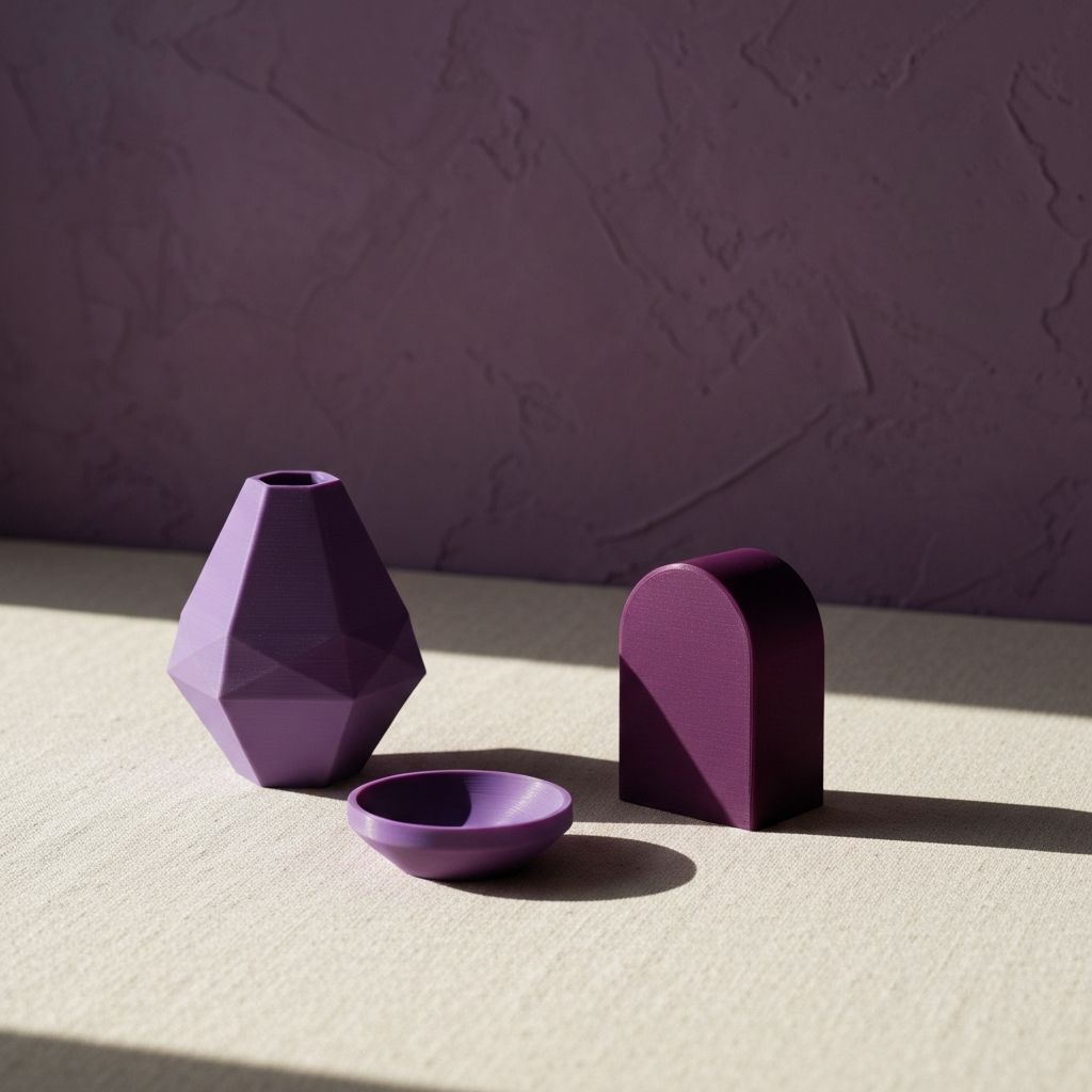 Curated 3D-printed home decor objects in matte purple and plum