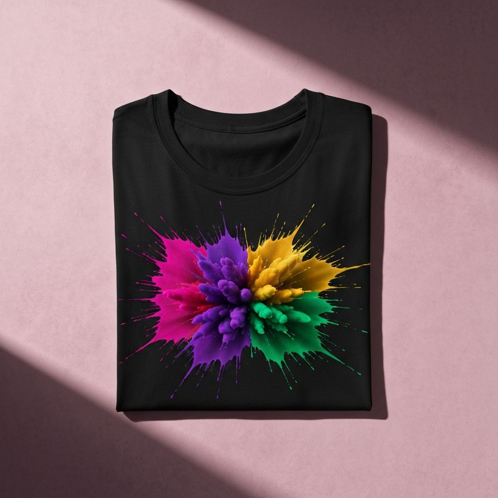 Black graphic t-shirt with a vibrant paint burst design