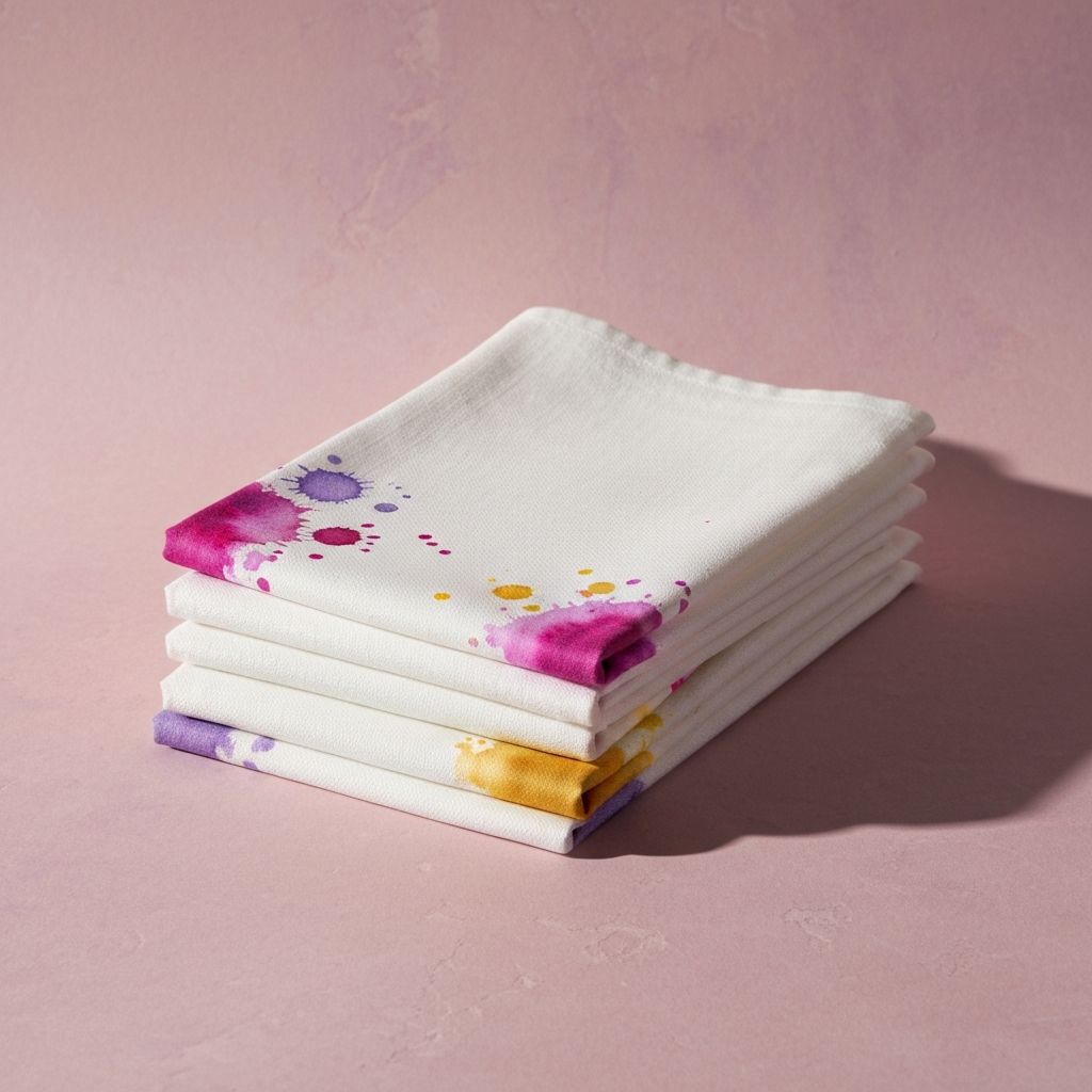 Stack of folded linen kitchen towels with hand-painted accents
