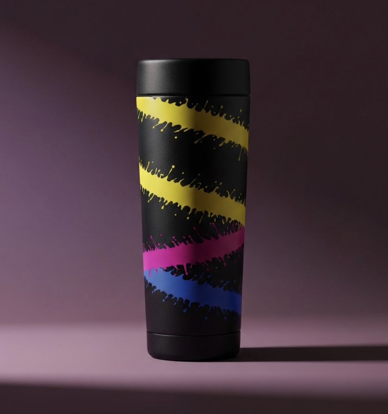 Matte black custom tumbler with hand-painted color stripes